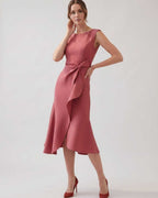 Serelune Midi Dress by Lauven — sleeveless satin midi dress with ruffle detail and fit flare silhouette