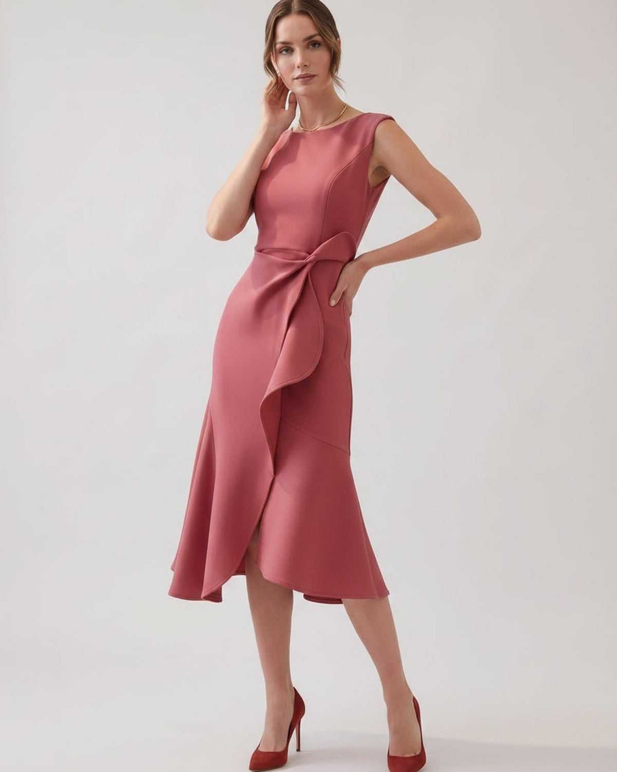 Serelune Midi Dress by Lauven — sleeveless satin midi dress with ruffle detail and fit flare silhouette