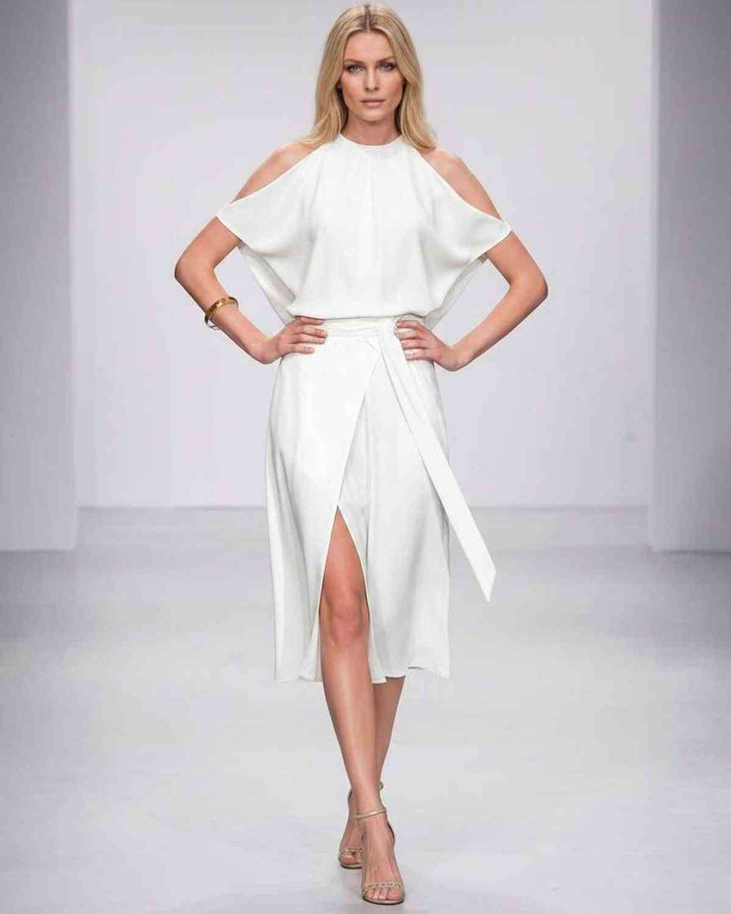 Seralyn Midi Dress by Lauven — halter sleeveless wrap midi dress with tie waist and front slit