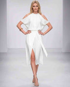 Seralyn Midi Dress by Lauven — halter sleeveless wrap midi dress with tie waist and front slit
