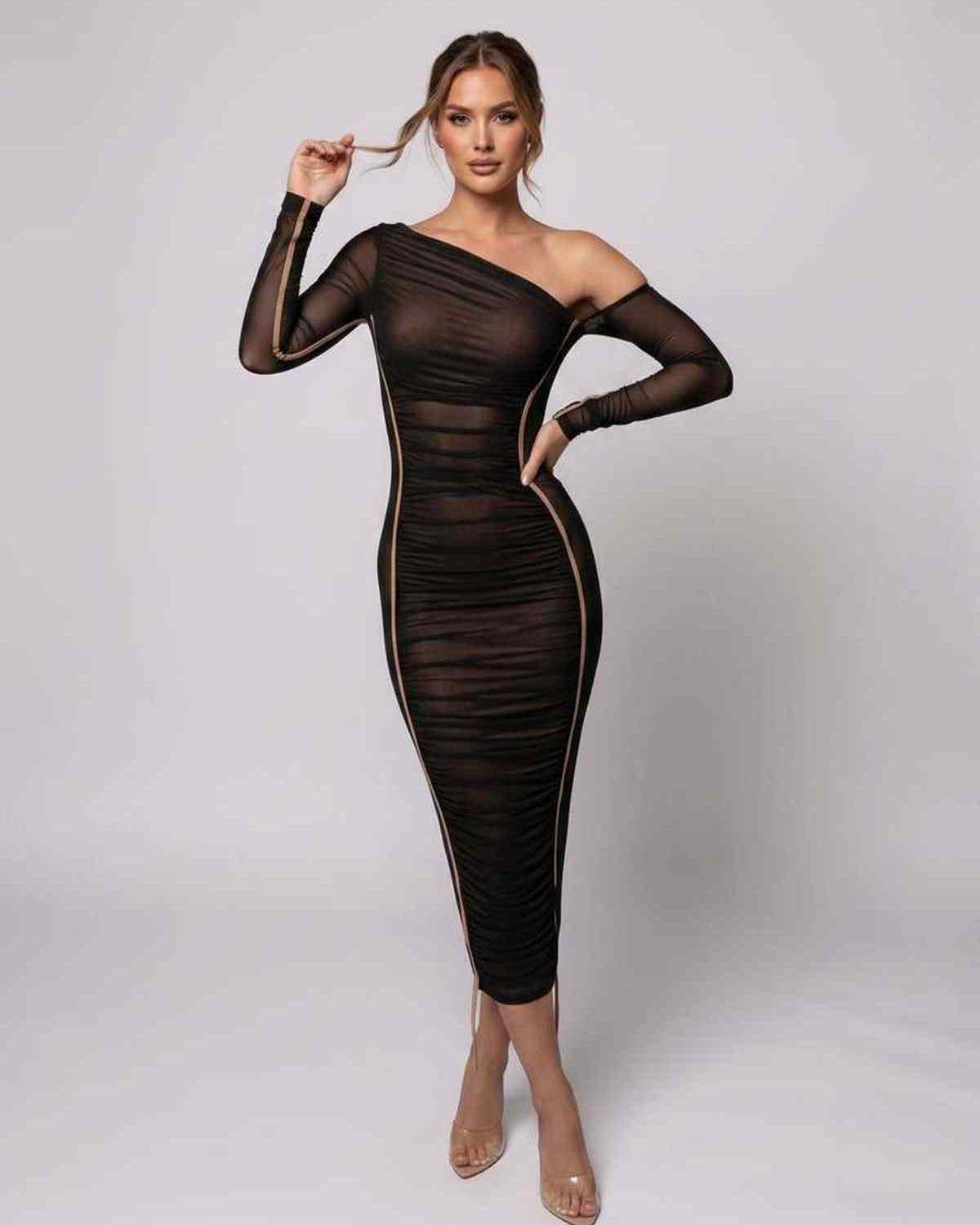 Veloura Midi Dress by Lauven — one shoulder long sleeve ruched bodycon midi dress