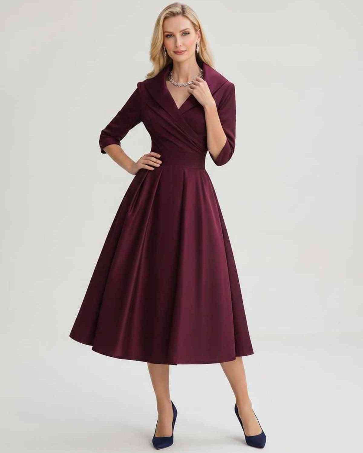 Serelune Midi Dress by Lauven — satin blend 3/4 sleeve V-neck A-line midi dress