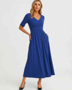 Velmira Midi Dress by Lauven — soft stretch short sleeve V-neck A-line midi dress