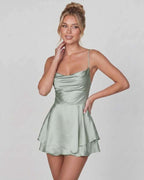 Satin Mini Dress by Lauven — satin sleeveless cowl neck slip mini dress