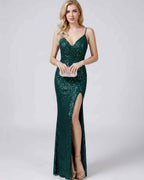 Celeste Maxi Dress by Lauven — sequin sleeveless V-neck mermaid maxi dress with spaghetti straps and front slit