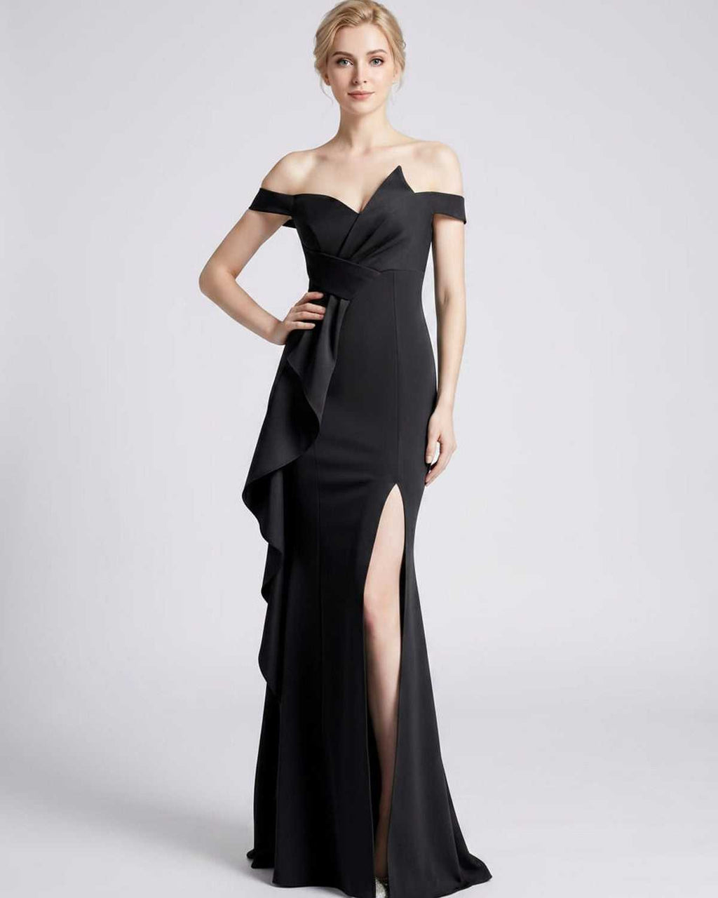 Veloura Maxi Dress by Lauven — polyester spandex off-the-shoulder mermaid maxi dress with slit
