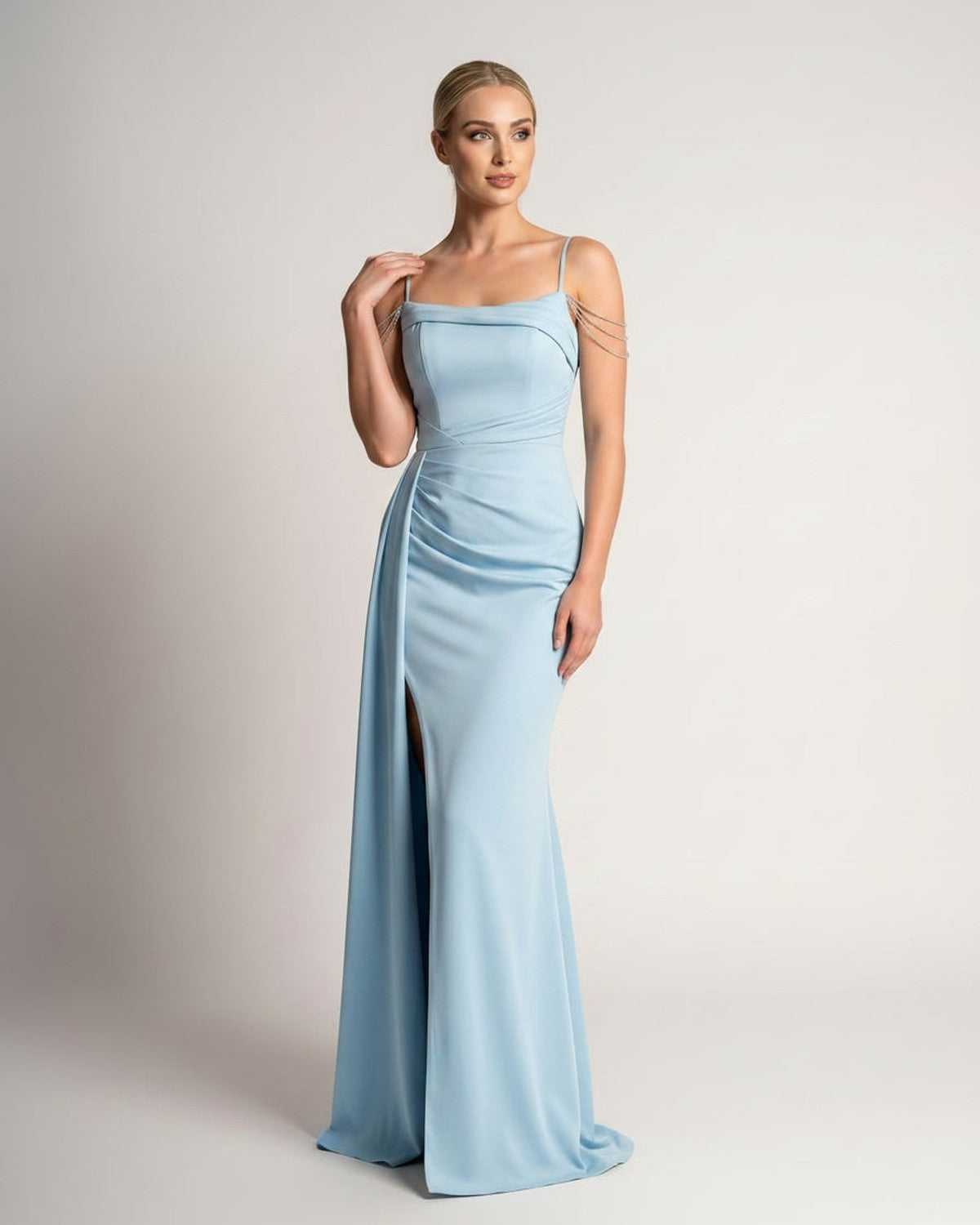 Celestia Maxi Dress by Lauven — polyester spaghetti strap mermaid maxi dress with beading and split
