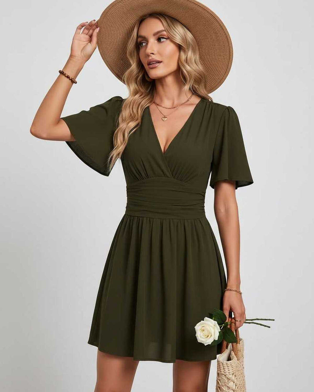Calista Mini Dress by Lauven — chiffon ruffled short sleeve V-neck A-line mini dress