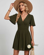 Calista Mini Dress by Lauven — chiffon ruffled short sleeve V-neck A-line mini dress