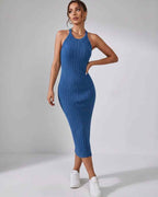 Lunara Midi Dress by Lauven — ribbed knit sleeveless crew neck slim-fit midi dress