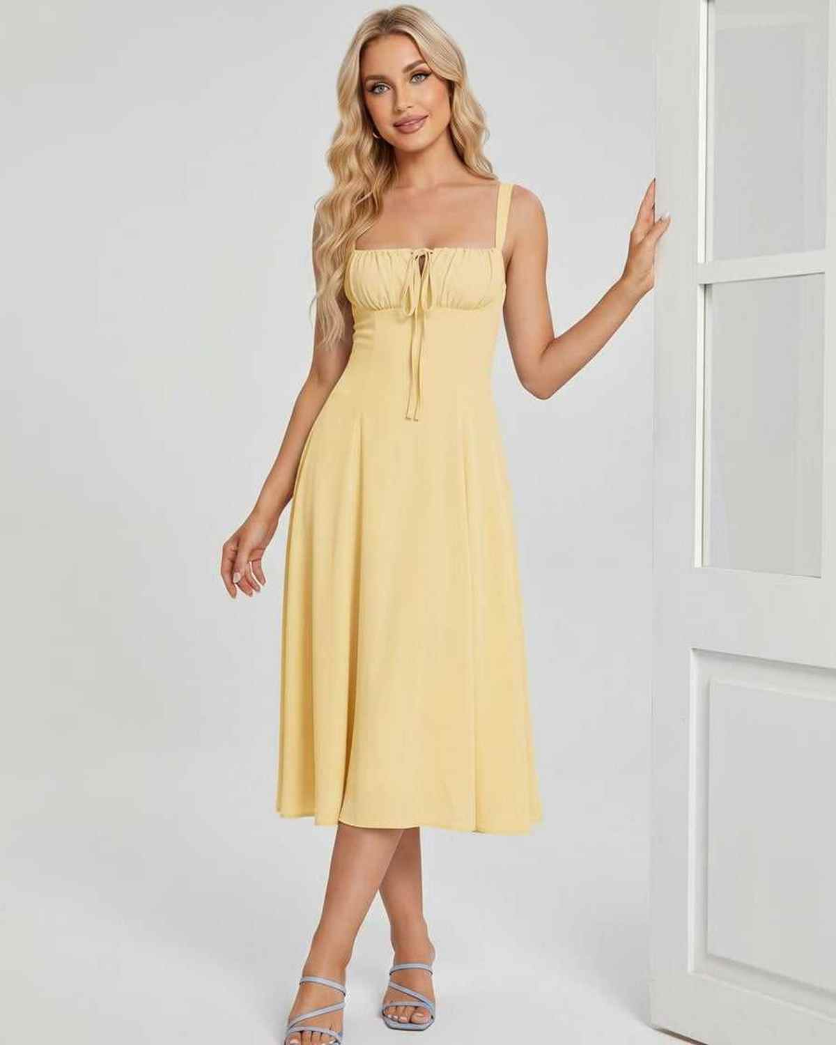 Serelune Midi Dress by Lauven — lightweight sleeveless square neck A-line midi dress