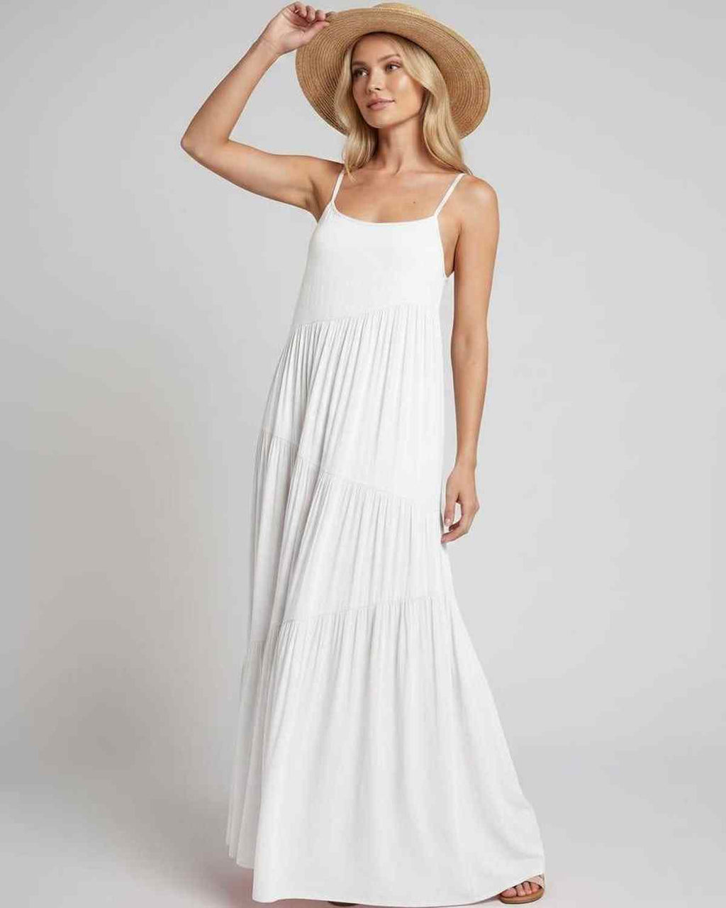 Solenne Maxi Dress by Lauven — rayon blend sleeveless scoop neck tiered A-line maxi dress