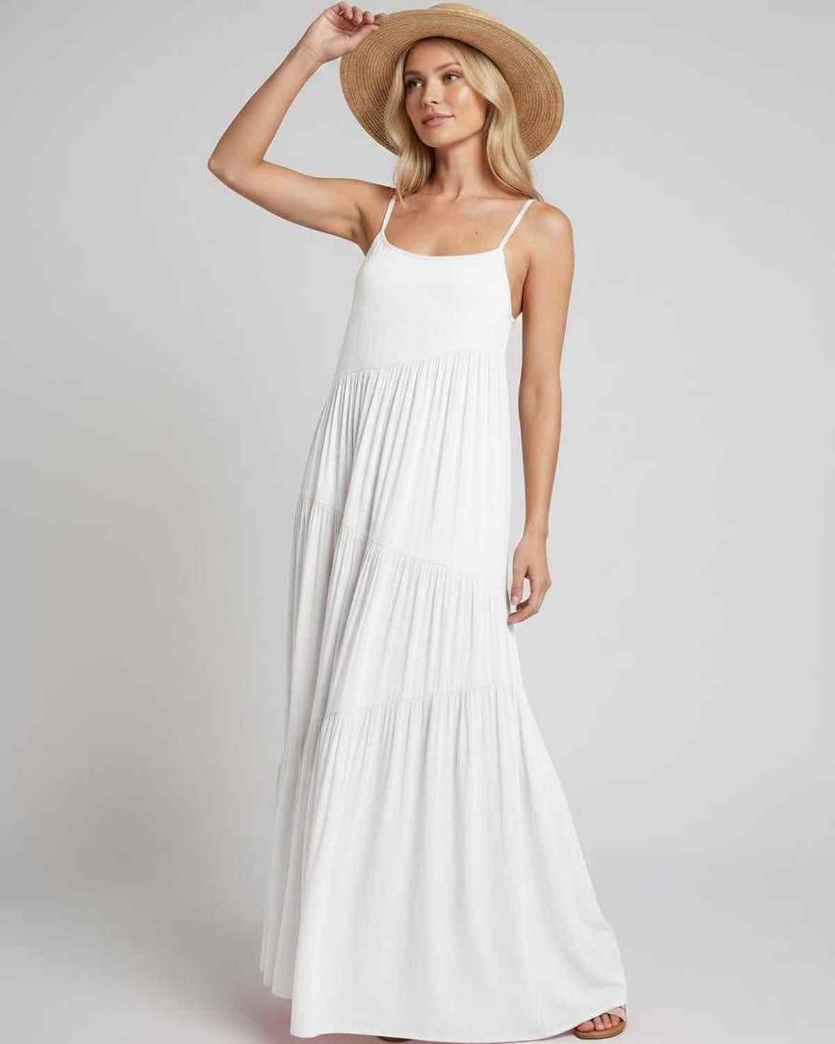 Solenne Maxi Dress by Lauven — rayon blend sleeveless scoop neck tiered A-line maxi dress