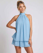 Celestia Mini Dress by Lauven — chiffon sleeveless halter neck mini dress