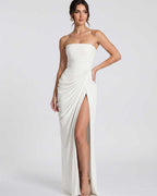 Seraphine Maxi Dress by Lauven — chiffon strapless pleated high slit maxi dress