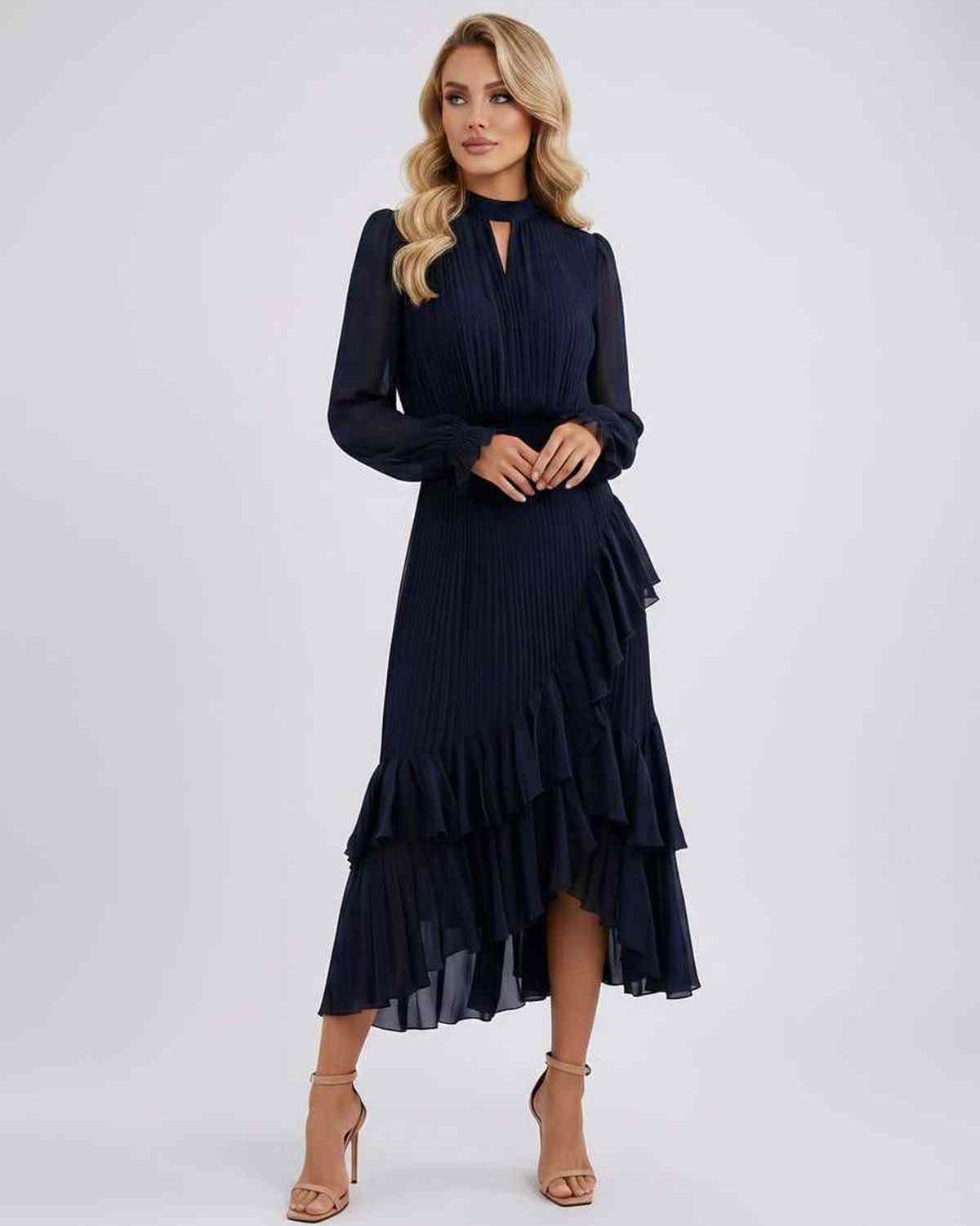 Celestia Maxi Dress by Lauven — chiffon long sleeve high neck A-line maxi dress