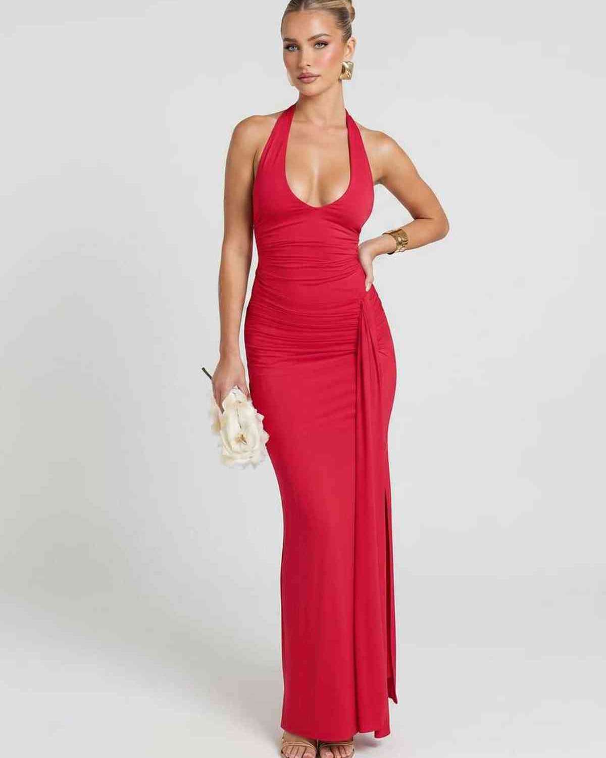 Solvienne Maxi Dress by Lauven — stretch sleeveless deep V-neck ruched maxi dress