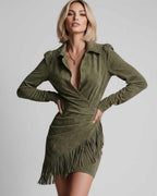 Veloura Mini Dress by Lauven — suede leather long sleeve turn-down collar ruched mini dress