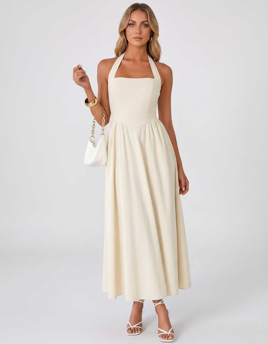 Veloura Midi Dress by Lauven — satin blend sleeveless square neck A-line midi dress