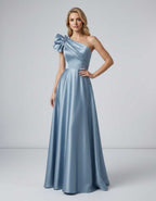 Aurevina Maxi Dress by Lauven — satin one shoulder A-line maxi dress with ruffle detail
