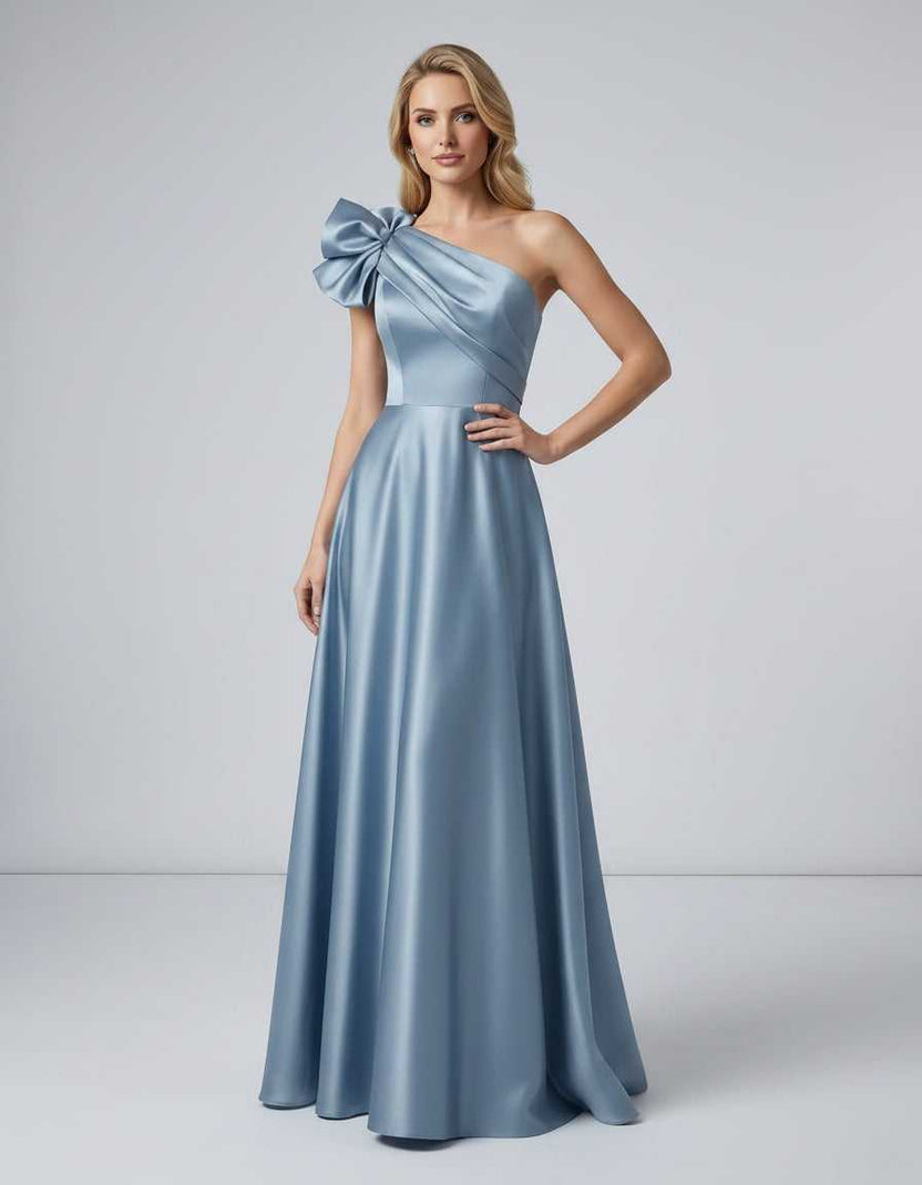 Aurevina Maxi Dress by Lauven — satin one shoulder A-line maxi dress with ruffle detail