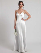 Veloura Maxi Dress by Lauven — satin spaghetti strap V-neck A-line maxi dress