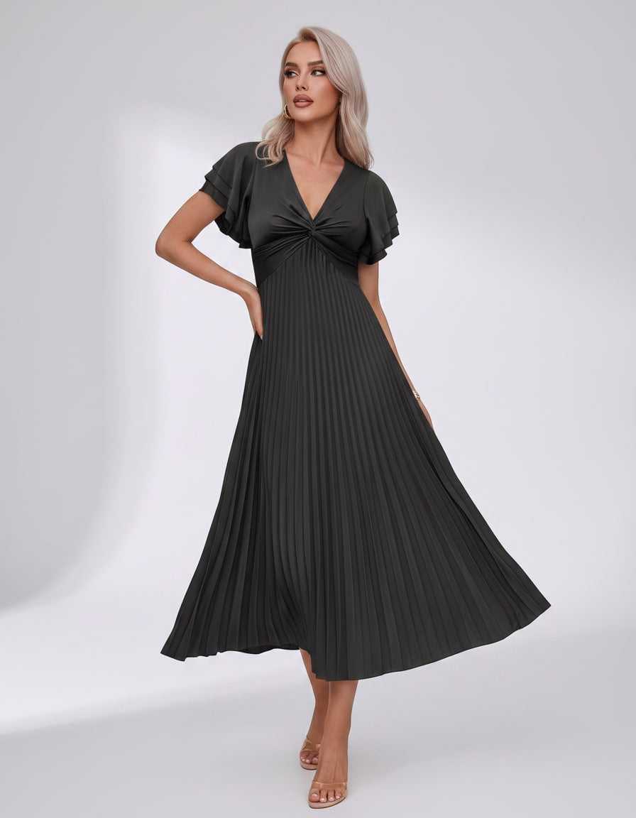 Veloura Midi Dress by Lauven — pleated chiffon flutter sleeve V-neck A-line midi dress