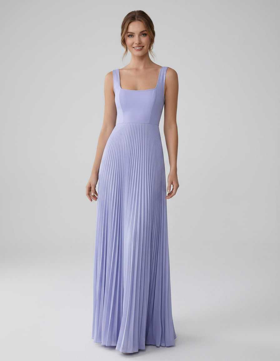 Veloura Maxi Dress by Lauven — satin chiffon sleeveless square neck pleated A-line maxi dress