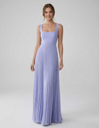Veloura Maxi Dress by Lauven — satin chiffon sleeveless square neck pleated A-line maxi dress