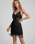 Lunara Mini Dress by Lauven — fringe sleeveless V-neck fitted mini dress with straps