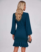Virelle Mini Dress by Lauven — long sleeve round neck fitted mini dress with ruffle hem