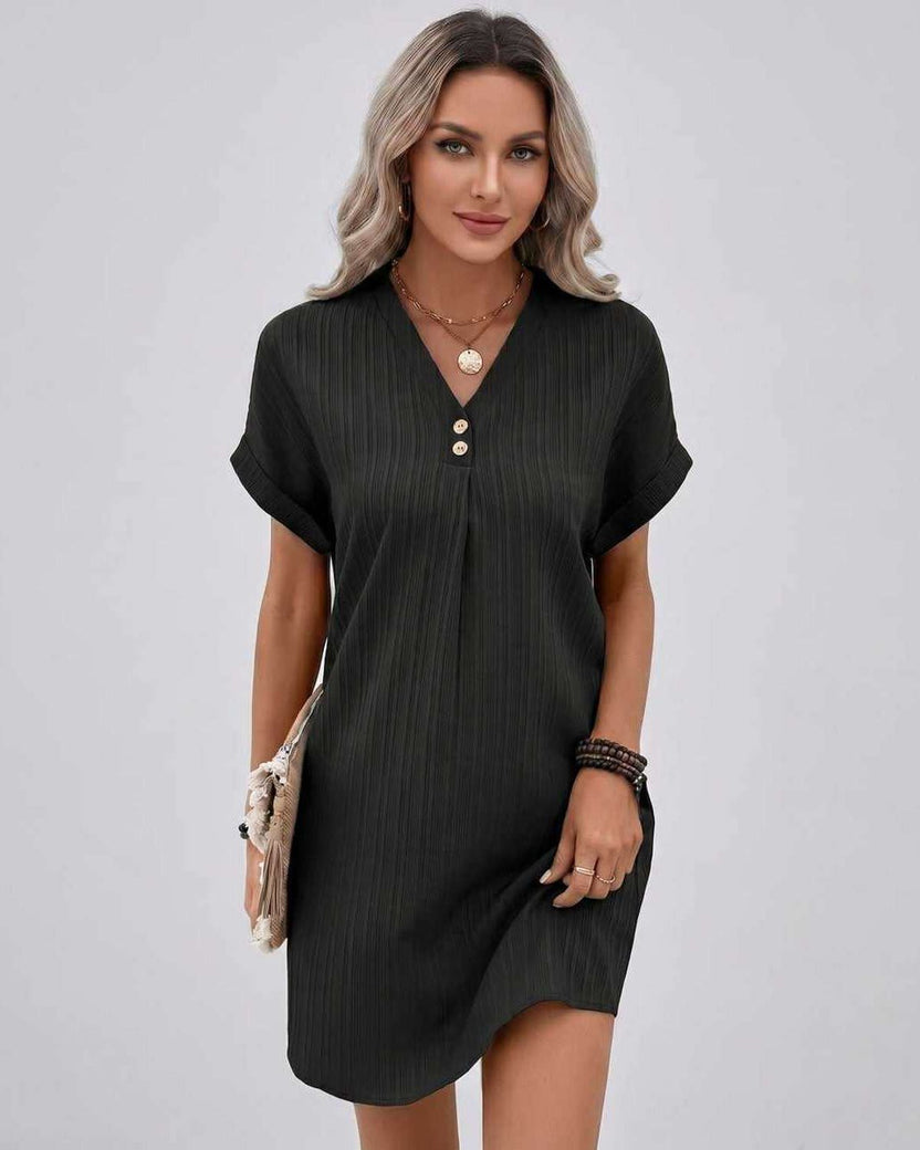 Lunelle Mini Dress by Lauven — black textured short sleeve V-neck relaxed mini dress