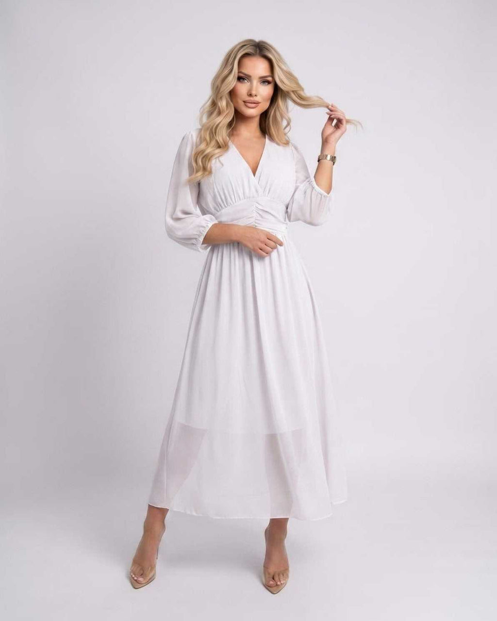 Veloura Midi Dress by Lauven — lightweight chiffon three quarter sleeve v neck A-line midi dress