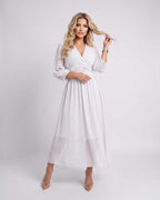 Veloura Midi Dress by Lauven — lightweight chiffon three quarter sleeve v neck A-line midi dress
