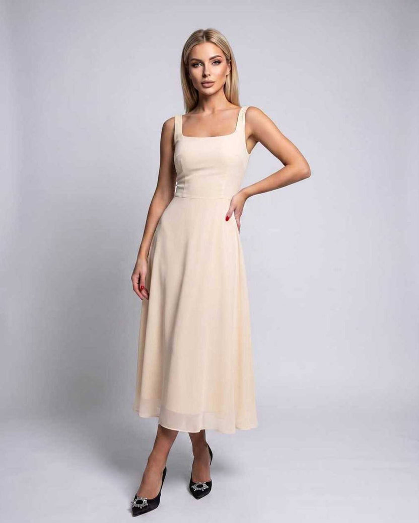 Lunara Midi Dress by Lauven — beige lightweight chiffon sleeveless square neck A-line midi dress