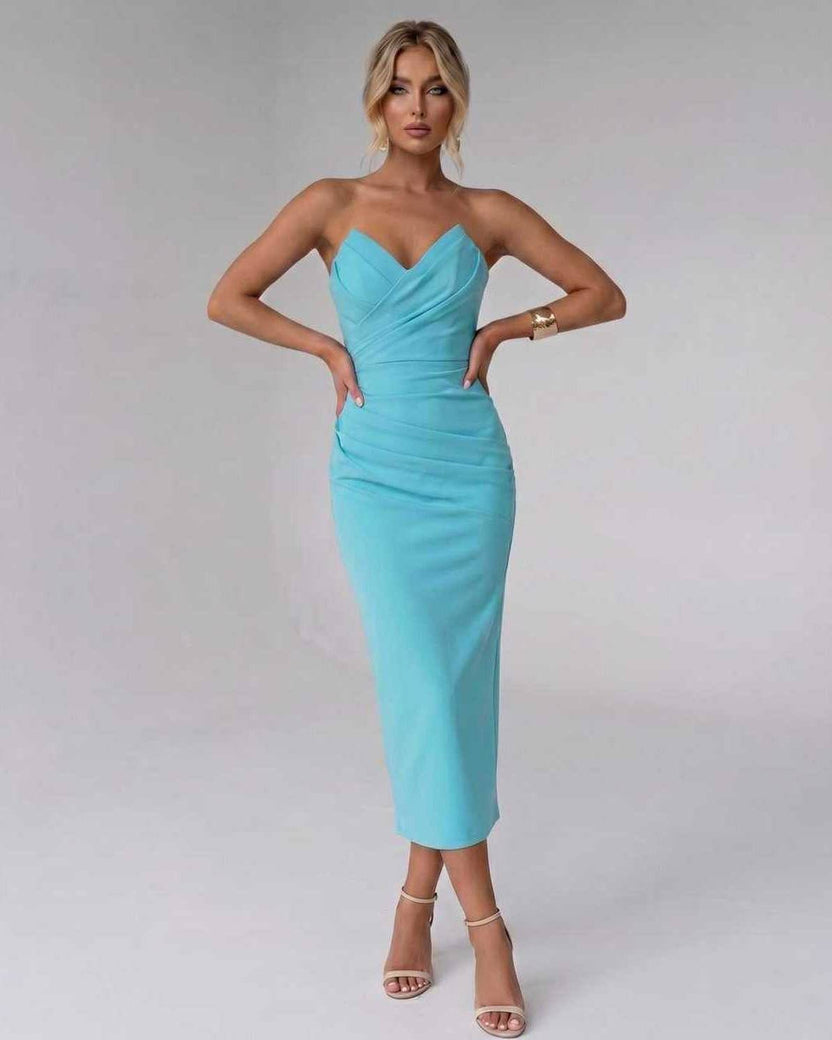 Serelle Midi Dress by Lauven — light blue smooth stretch strapless sweetheart neck fitted midi dress