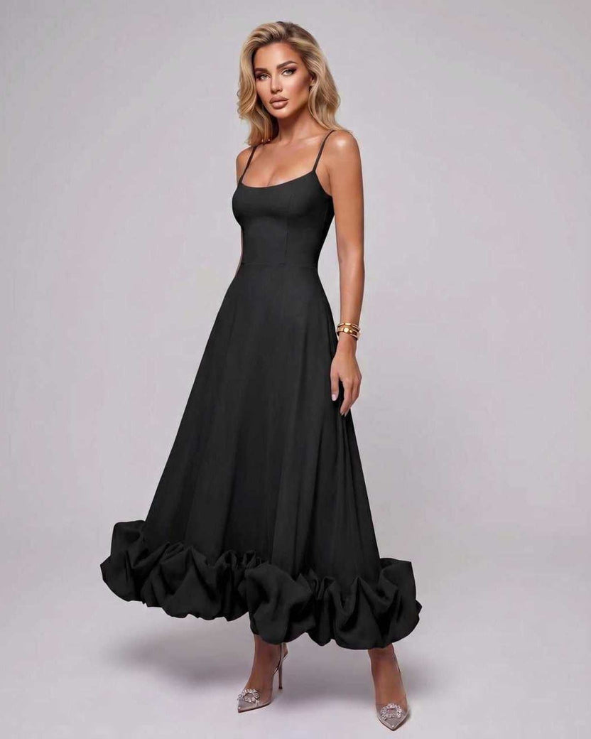 Aurelia Maxi Dress by Lauven — black lightweight sleeveless scoop neck fit and flare maxi dress