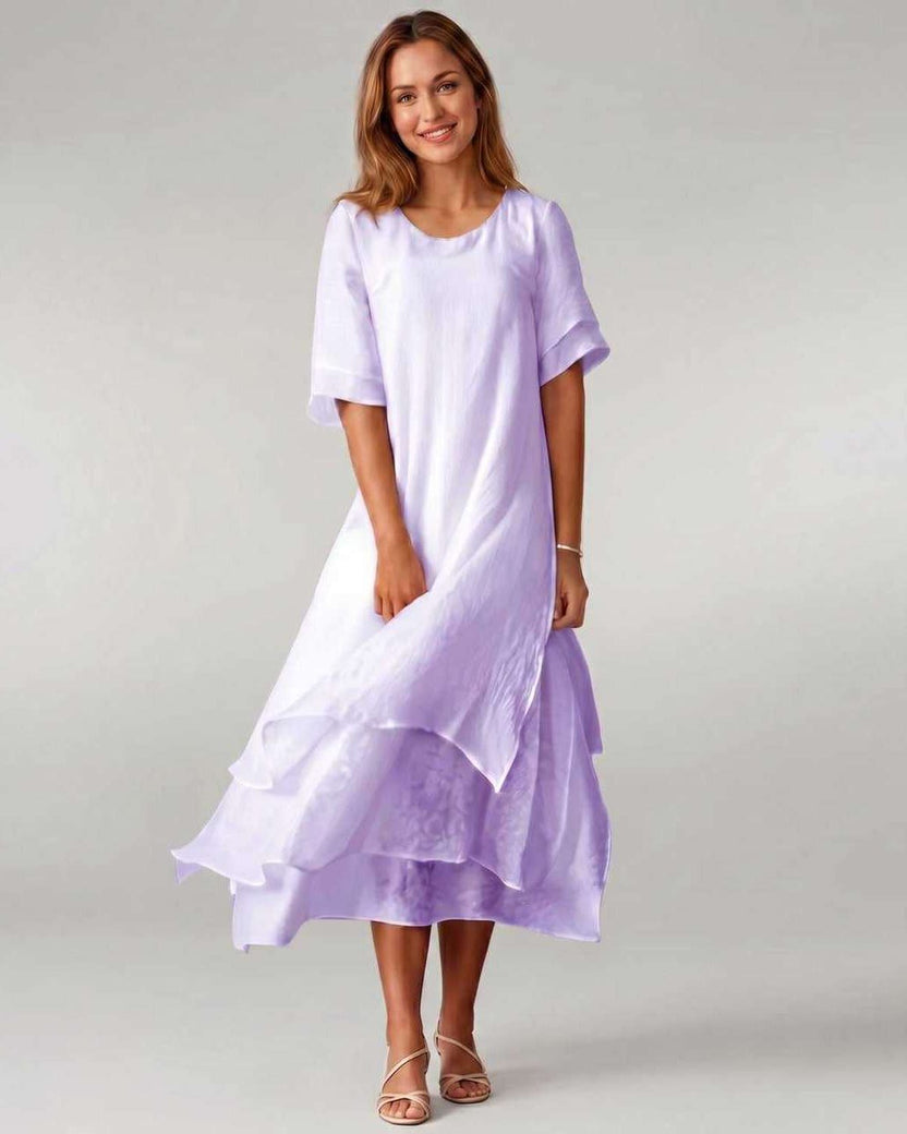 Aurelia Midi Dress by Lauven — purple lightweight short sleeve round neck layered midi dress