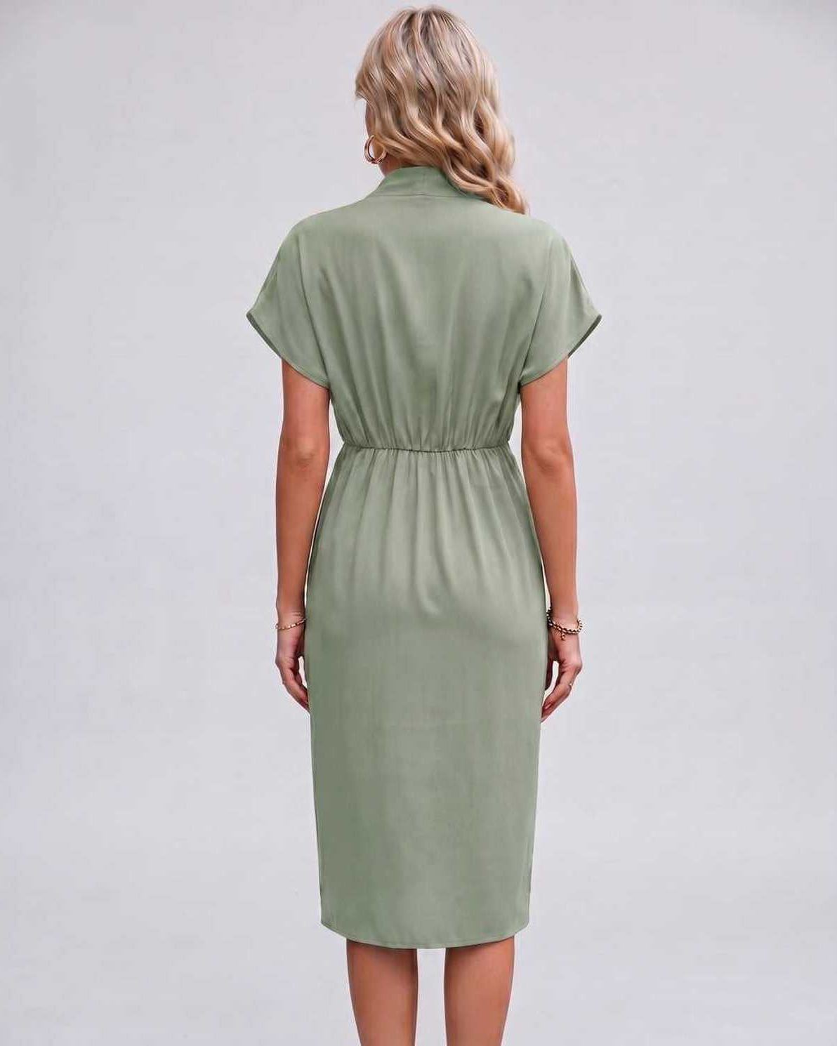 Veloura Midi Dress by Lauven — satin cap sleeve V-neck draped midi dress