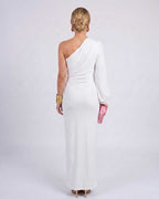 Veloura Maxi Dress by Lauven — satin one-shoulder long sleeve draped maxi dress