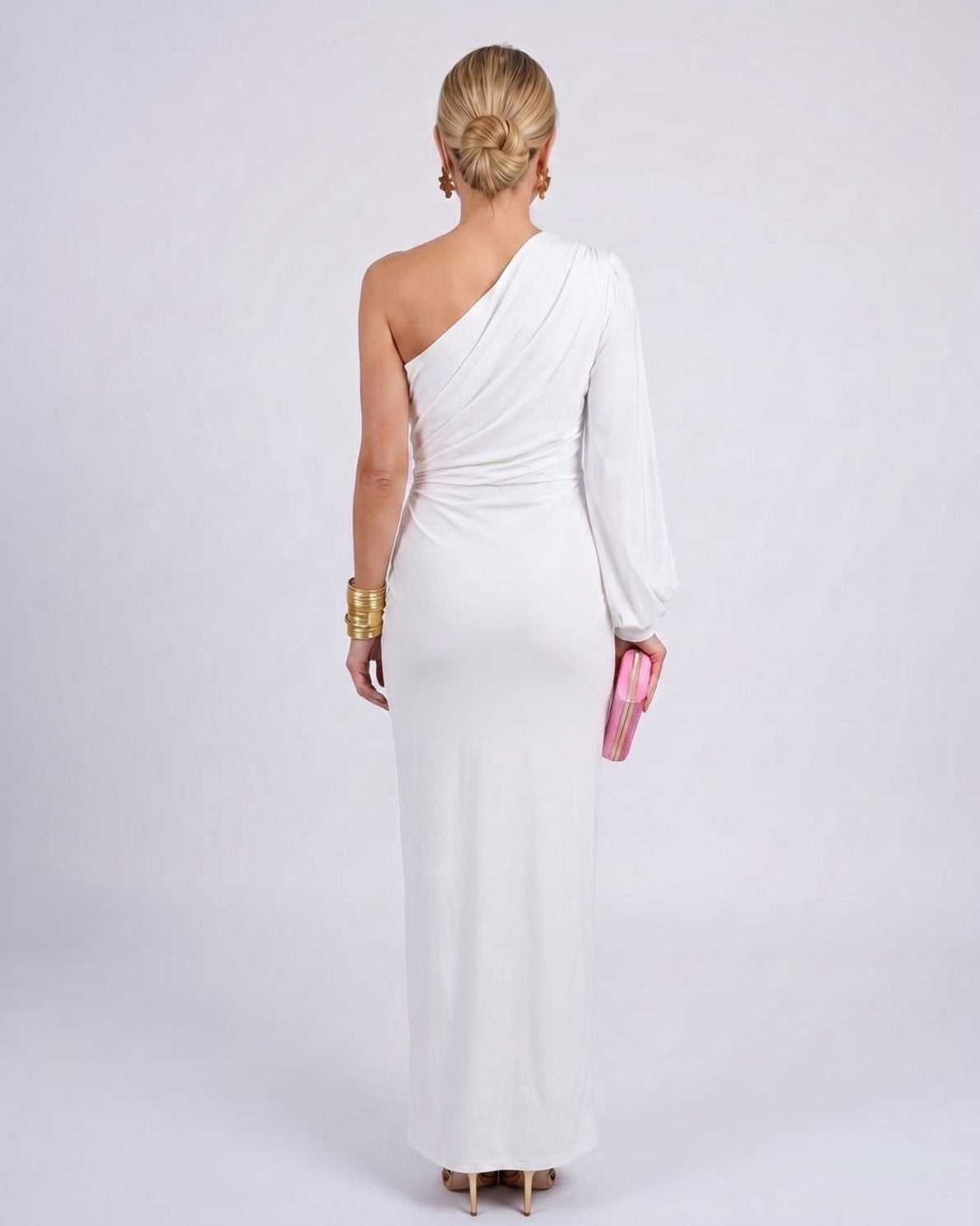 Veloura Maxi Dress by Lauven — satin one-shoulder long sleeve draped maxi dress