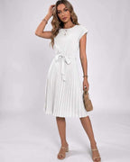 Lunessa Midi Dress by Lauven — pleated chiffon cap sleeve round neck midi dress