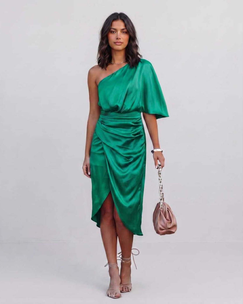 Veloura Midi Dress by Lauven — green satin one shoulder draped midi dress with slit