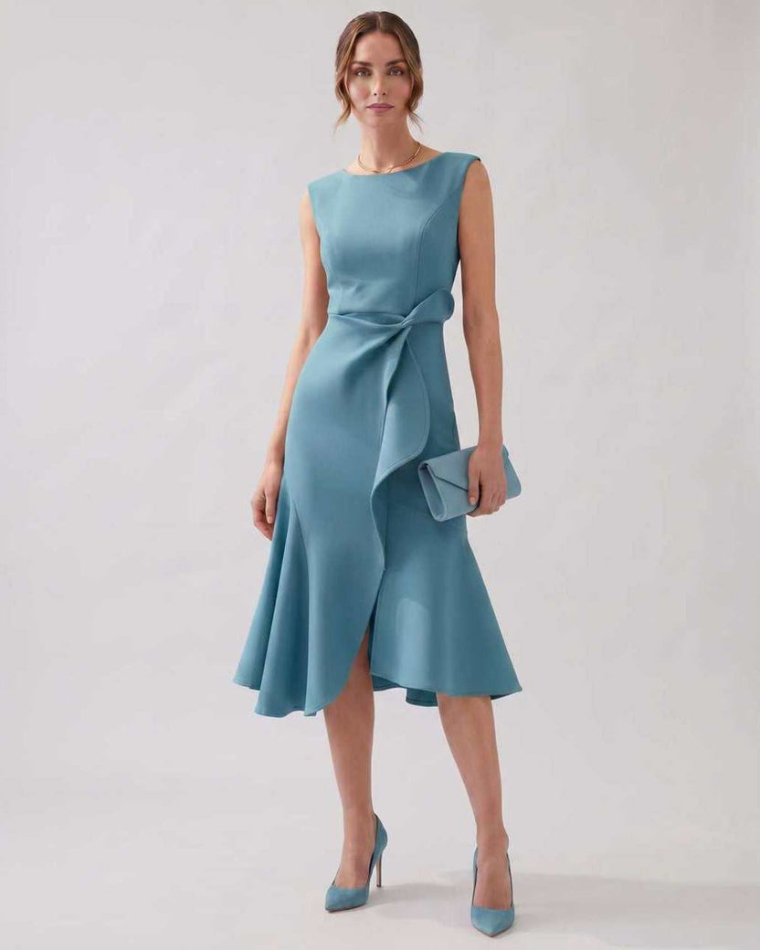 Serelune Midi Dress by Lauven — light blue sleeveless satin midi dress with ruffle detail and fit flare silhouette