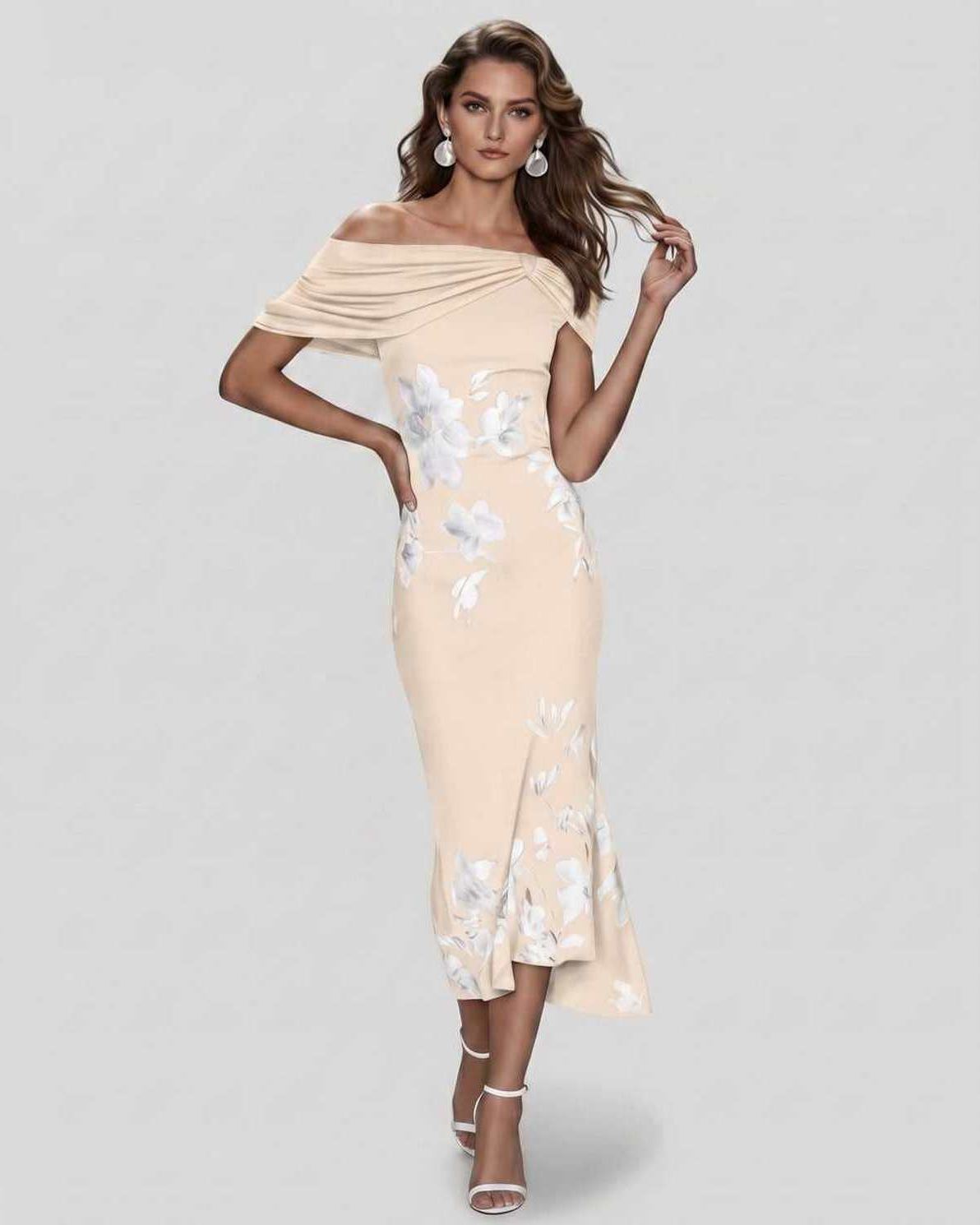 Veloura Midi Dress by Lauven — floral off shoulder satin midi dress with draped sleeves