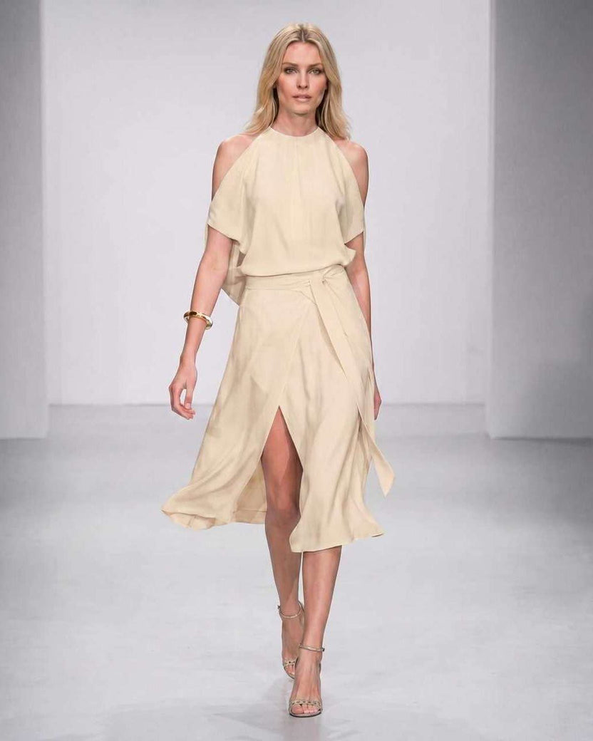 Seralyn Midi Dress by Lauven — beige halter sleeveless wrap midi dress with tie waist and front slit