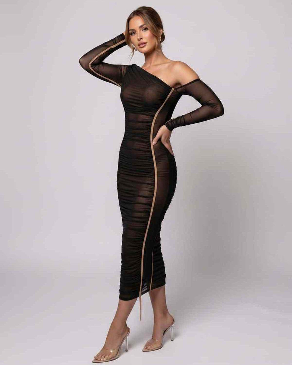Veloura Midi Dress by Lauven — one shoulder long sleeve ruched bodycon midi dress