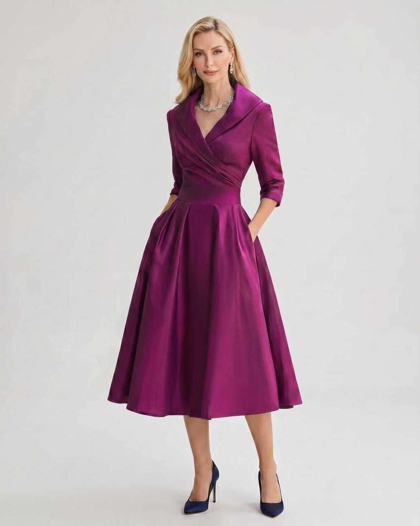 Serelune Midi Dress by Lauven — purple satin blend 3/4 sleeve V-neck A-line midi dress