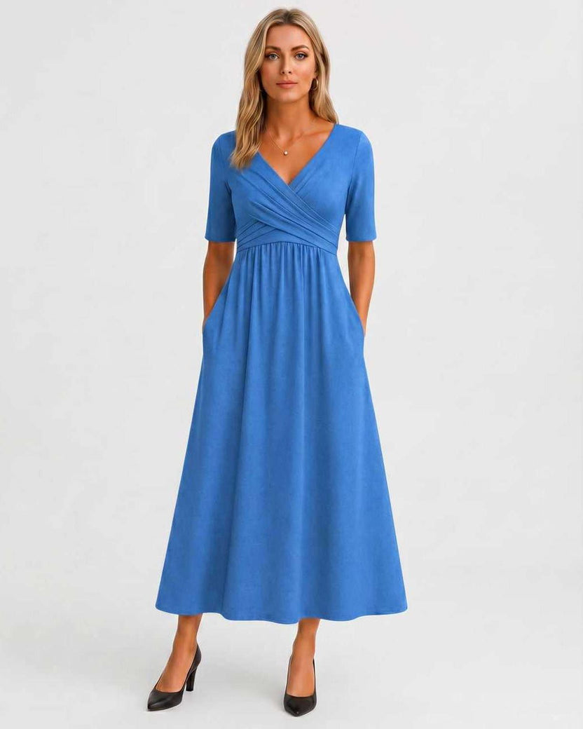 Velmira Midi Dress by Lauven — light blue soft stretch short sleeve V-neck A-line midi dress