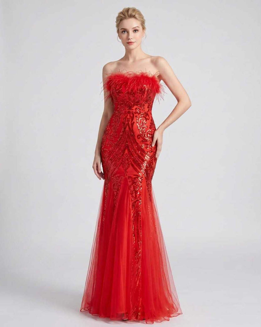 Celestia Maxi Dress by Lauven — red polyester-spandex sleeveless off-the-shoulder mermaid maxi dress